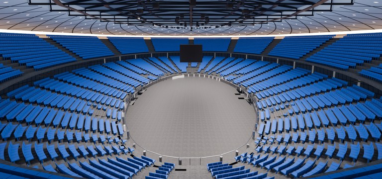 3D render of the Menora Mivtachim Arena model: blue seats on two tiers around an empty floor, under the roof truss grid