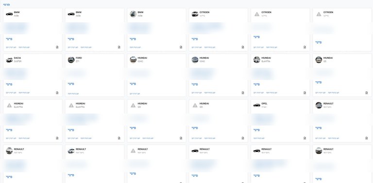 Fleet management board: vehicle cards grouped by type, each with its documents and compliance dates