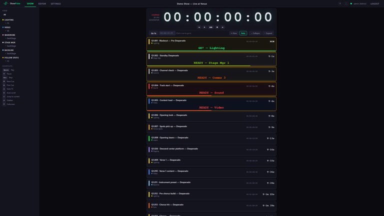 ShowPulse live: master timecode above a department-colored cue list with GO and READY states