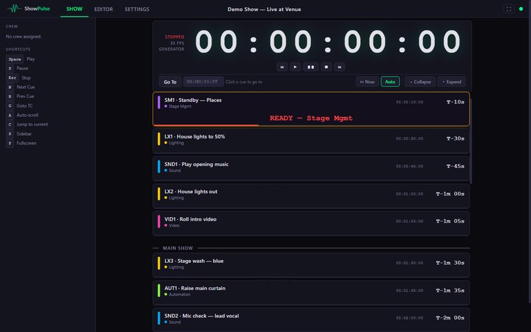 The ShowPulse operator screen: a large SMPTE timecode readout above a colour-coded cue list — Stage Management, Lighting, Sound, Video and Automation cues each showing a T-minus countdown to their next move