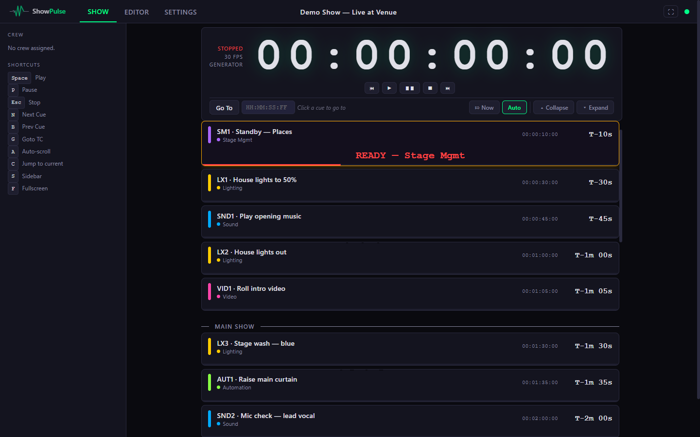 The ShowPulse operator screen: a large SMPTE timecode readout above a colour-coded cue list — Stage Management, Lighting, Sound, Video and Automation cues each showing a T-minus countdown to their next move